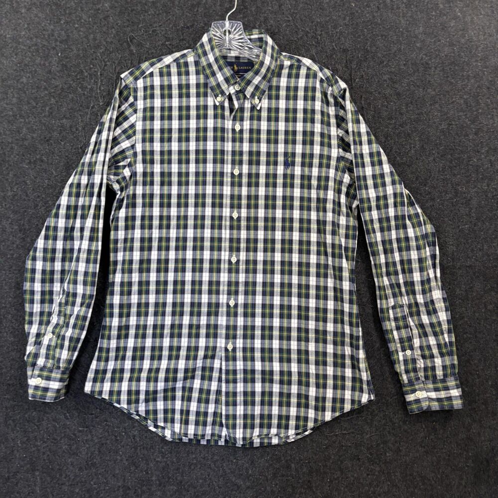 Ralph Lauren Shirt Men's Medium Green Blue Plaid Custom Fit Cotton Preppy